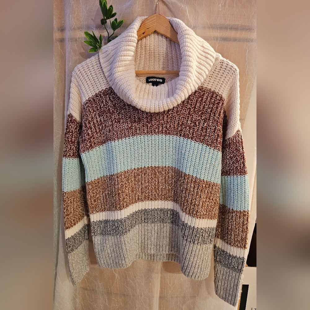 Lands' End Women's Striped Sweater - Brown, Blue, Cream Very Heavy